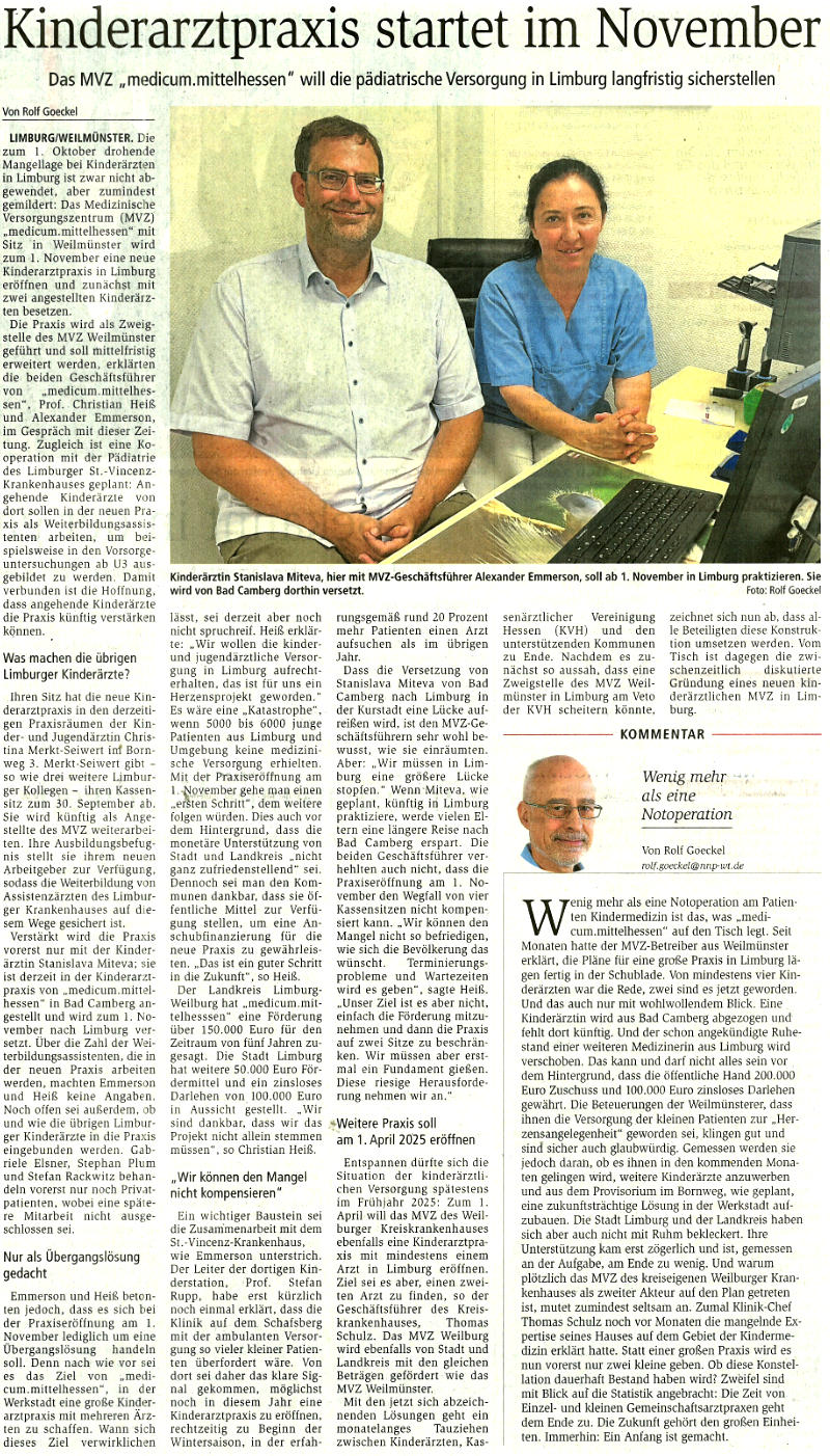 Bild von Artikel: "Kinderarztpraxis startet im November" - Artikel vom 18.09.2024 im Weilburger Tageblatt