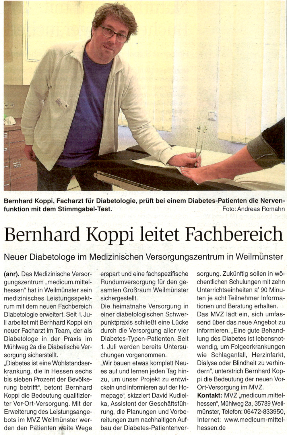 Bild von Artikel: Bernhard Koppi leitet Fachbereich - Neuer Diabetologe im Medizinischen Versorgungszentrum in Weilmünster