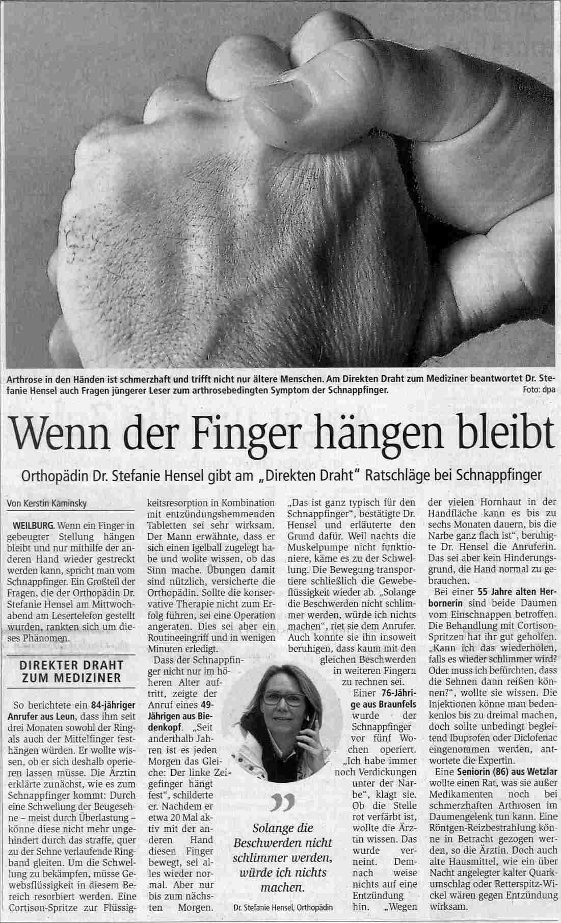 Bild von Artikel: Wenn der Finger hängen bleibt - Orthopädin Dr. Stefanie Hensel gibt am "Direkten Draht" Ratschläge bei Schnappfinger
