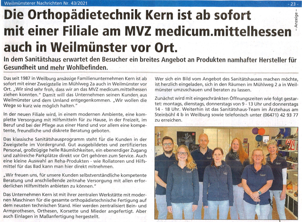 Bild von Artikel: Die Orthopädietechnik Kern ist ab sofort mit einer Filiale am MVZ medicum.mittelhessen auch in Weilmünster vor Ort